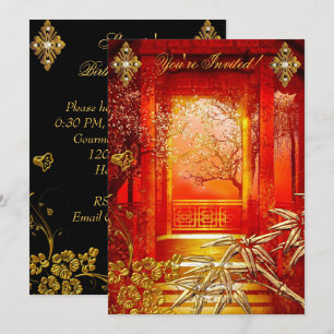 Birthday Party Asian View Gold Bamboo Red Invitation