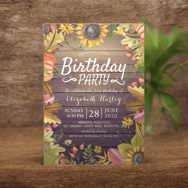 Birthday Party Autumn Maple Sunflower Pumpkin Wood Invitation (Creator Uploaded)
