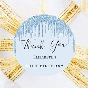 Birthday party baby blue glitter Thank You Classic Round Sticker