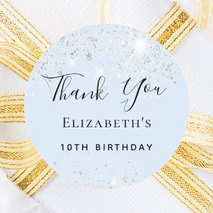 Birthday party baby blue silver glitter Thank You  Classic Round Sticker