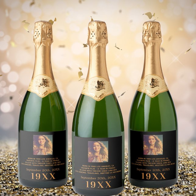 Birthday party balck gold year born photo bio sparkling wine label (Creator Uploaded)