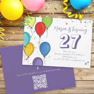 Birthday Party Balloons Confetti QR Code Facebook Invitation