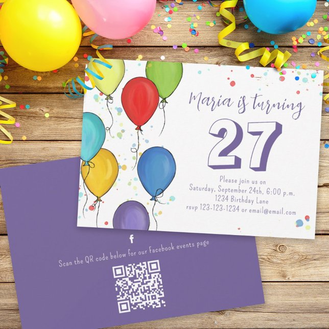 Birthday Party Balloons Confetti QR Code Facebook Invitation (Creator Uploaded)
