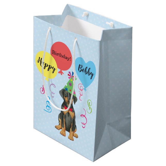 Birthday Party Balloons Doberman Medium Gift Bag (Front Angled)