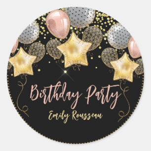 Birthday Party Balloons Gold Glitter Balloon Black Classic Round Sticker