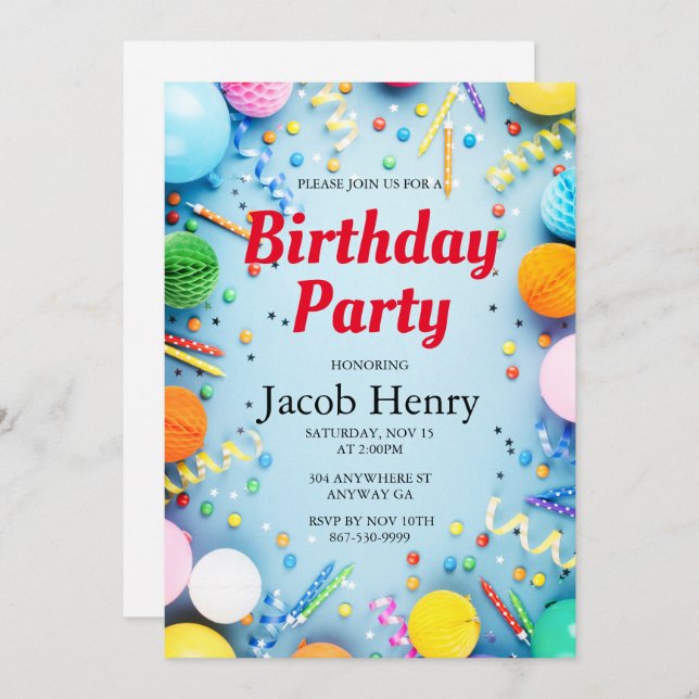 Birthday Party Balloons Invitation (Front/Back)