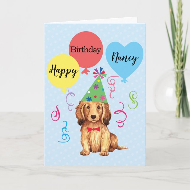 Birthday Party Balloons Longhaired Dachshund Card (Front)