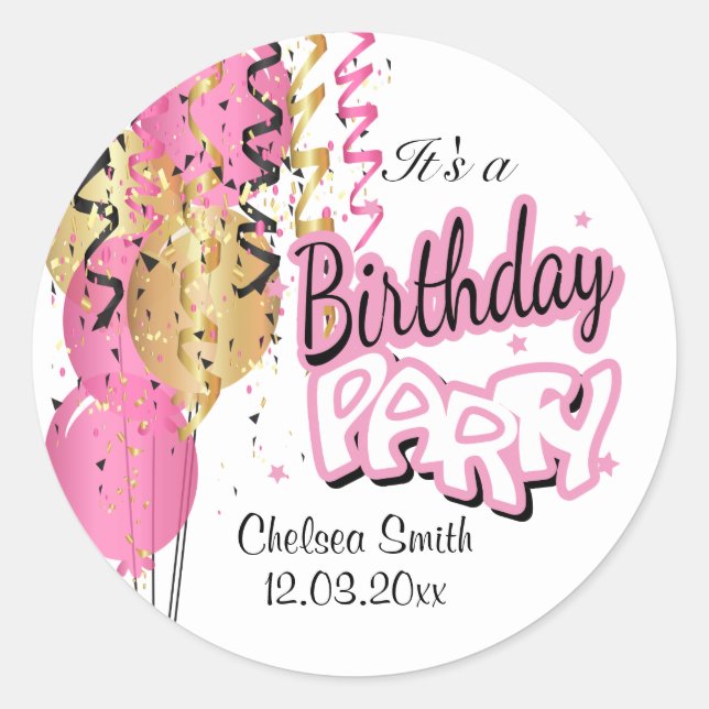 Birthday Party Balloons - Pink Classic  Classic Round Sticker (Front)