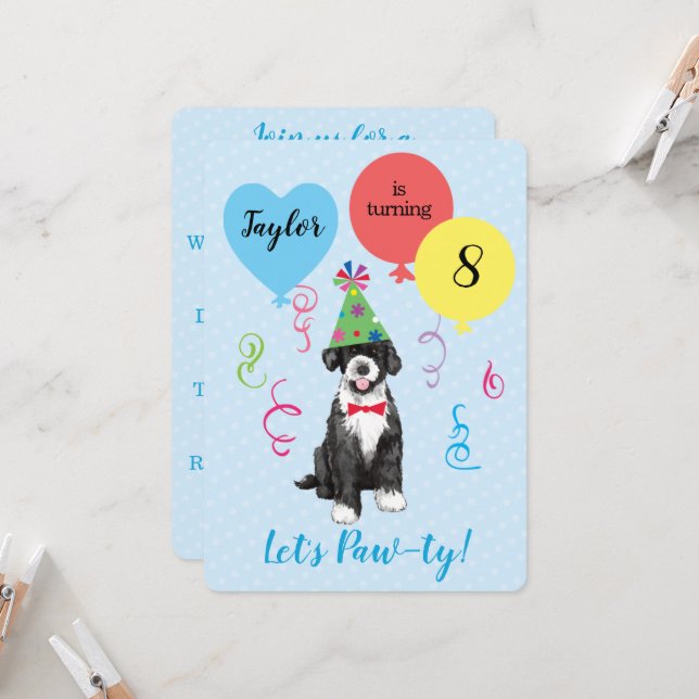 Birthday Party Balloons Portuguese Water Dog Invitation (Front/Back In Situ)
