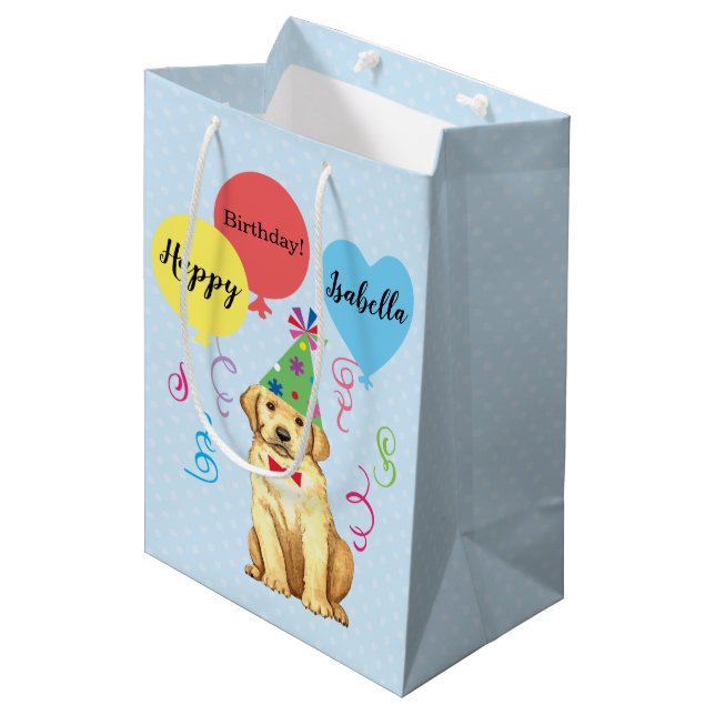 Birthday Party Balloons Yellow Lab Medium Gift Bag (Front Angled)