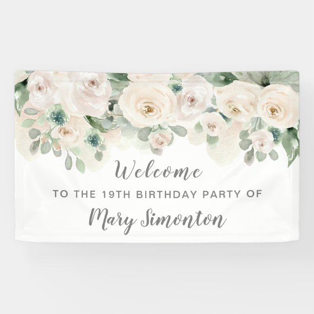 Birthday Party Banner 19th White Rose Floral  (Horizontal)