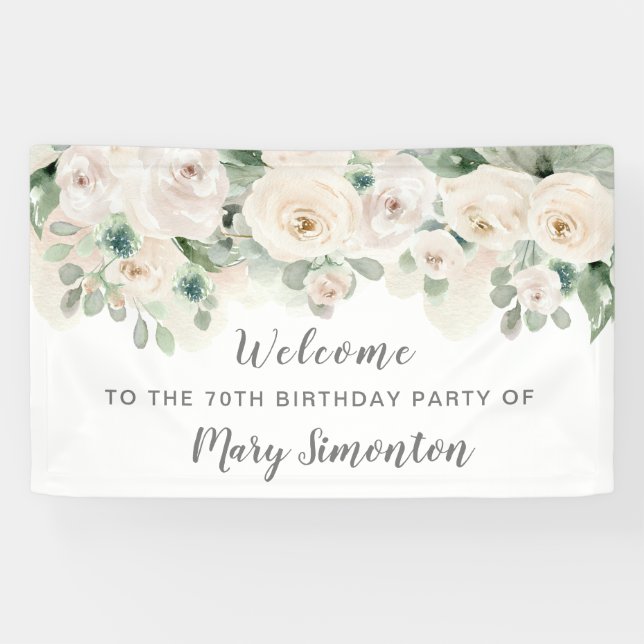 Birthday Party Banner 70th White Rose Floral  (Horizontal)