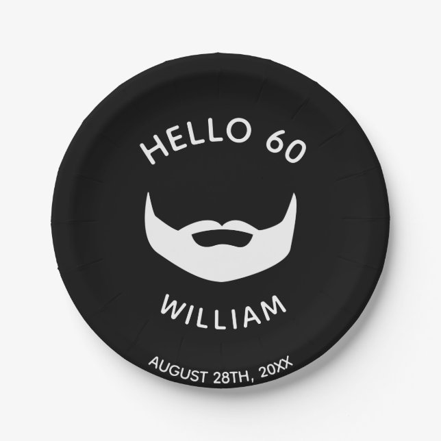 Birthday party beard black white men monogram paper plate (Front)