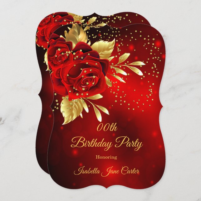 Birthday Party Beautiful Red Rose Floral Gold Invitation (Front/Back)