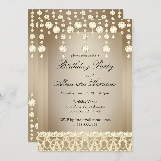 Birthday Party Beige Crystal Sepia Diamond Invitation (Front/Back)