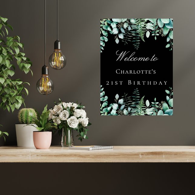 Birthday party black eucalyptus forest welcome poster (Creator Uploaded)