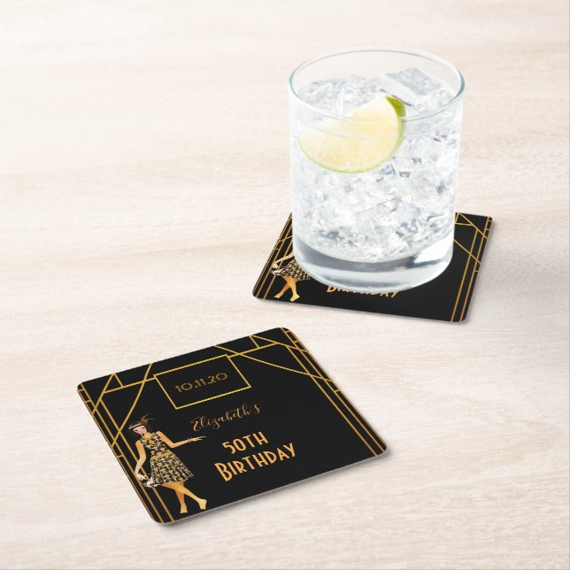 Birthday Party black gold 1920's art deco Square Paper Coaster (Insitu)