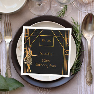 Birthday party black gold 1920's art deco style napkin