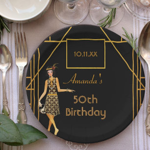 Birthday party black gold 1920's style art deco paper plate