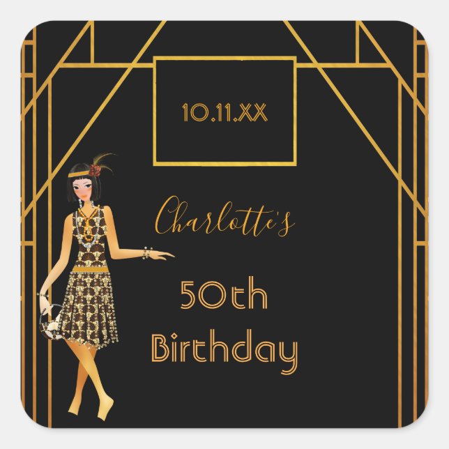 Birthday party black gold 1920's style art deco square sticker (Front)