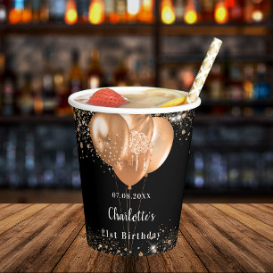 Birthday party black gold balloons name paper cups