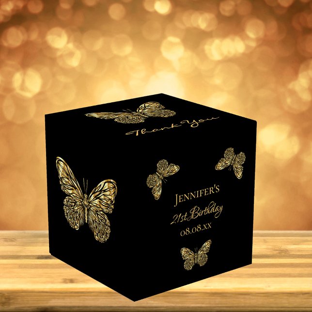 Birthday party black gold butterflies name favour box (Creator Uploaded)