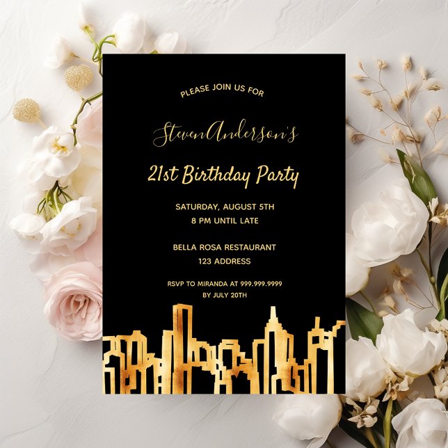 Birthday party black gold city skyline invitation (Creator Uploaded)