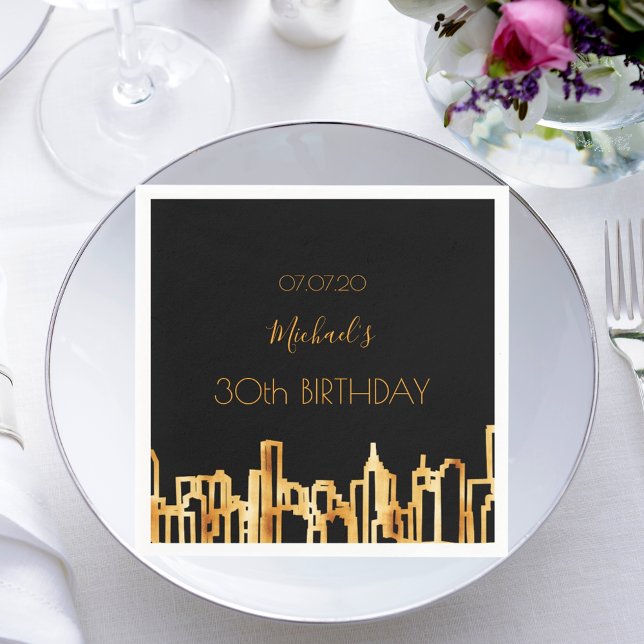 Birthday party black gold city skyline napkin (Creator Uploaded)