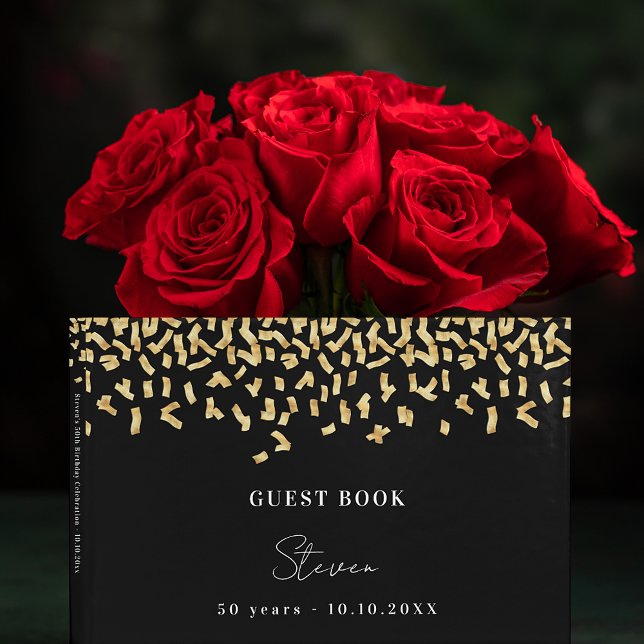 Birthday party black gold confetti guest book (Creator Uploaded)