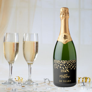 Birthday party black gold confetti name years sparkling wine label