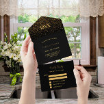 Birthday party black gold confetti RSVP All In One Invitation<br><div class="desc">A classic black background,  golden confetti and text.  Personalise and add your details.</div>