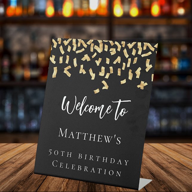Birthday party black gold confetti welcome pedestal sign (Creator Uploaded)