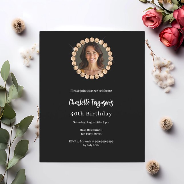 Birthday party black gold diamond photo invitation (Creator Uploaded)