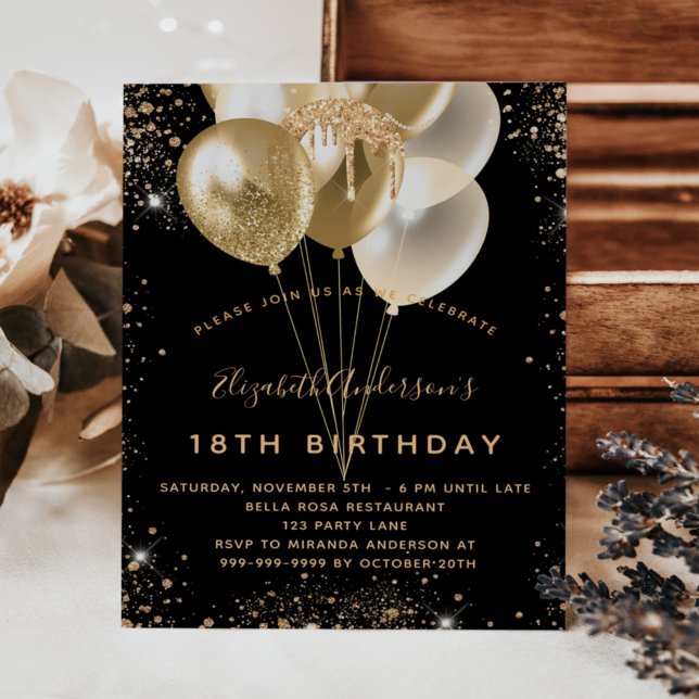 Birthday party black gold glitter balloons budget flyer (Creator Uploaded)