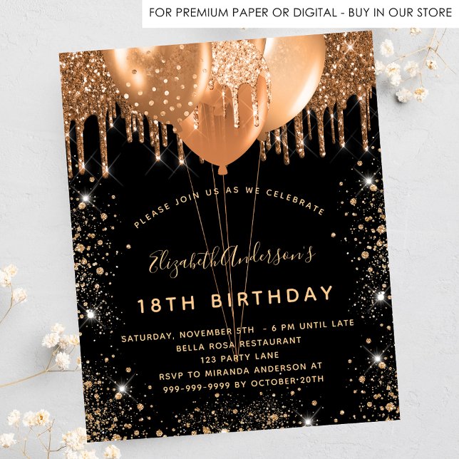 Birthday party black gold glitter balloons invitation postcard (Creator Uploaded)