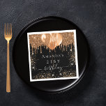 Birthday party black gold glitter balloons name napkin<br><div class="desc">For an elegant 21st (or any age) birthday party. A chic black background. Decorated with dark gold faux glitter drips,  paint dripping look, glitter dust and balloons.  Personalise and add the name and age 21.</div>