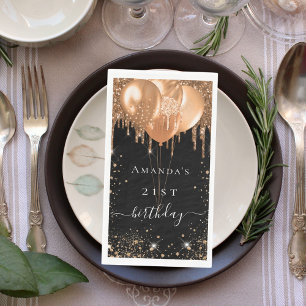 Birthday party black gold glitter balloons name napkin