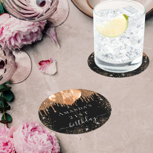 Birthday party black gold glitter balloons name round paper coaster