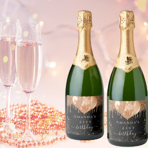 Birthday party black gold glitter balloons name sparkling wine label