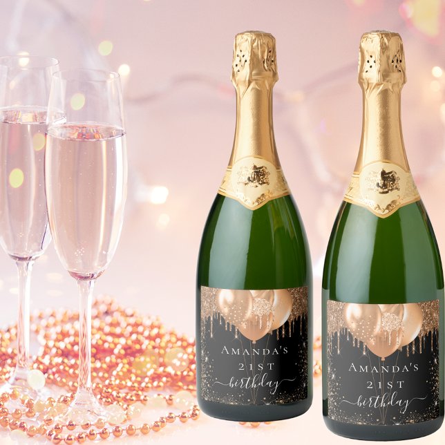 Birthday party black gold glitter balloons name sparkling wine label (Creator Uploaded)