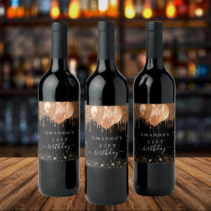 Birthday party black gold glitter balloons name wine label