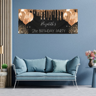 Birthday party black gold glitter drips name banner