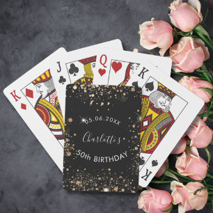 Birthday party black gold glitter dust name playing cards