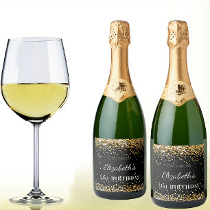 Birthday party black gold glitter dust name sparkling wine label