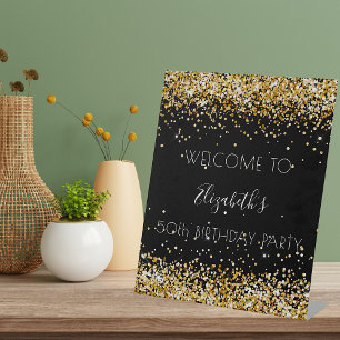 Birthday party black gold glitter dust welcome pedestal sign