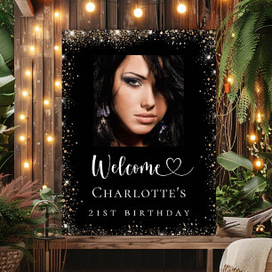 Birthday party black gold glitter photo welcome poster