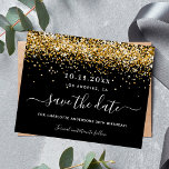 Birthday party black gold glitter save the date<br><div class="desc">A Save the Date card for a 30th (or any age) birthday party. A stylish black background decorated with faux gold glitter dust. Personalise and add a date and name/age.  The text: Save the Date is written with a large trendy hand lettered style script with swashes.</div>