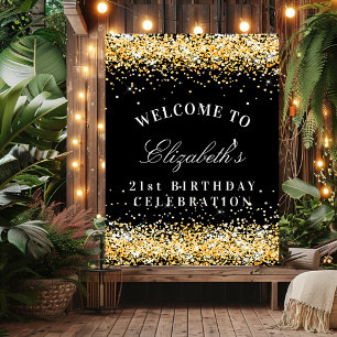Birthday party black gold glitter sparkles welcome poster
