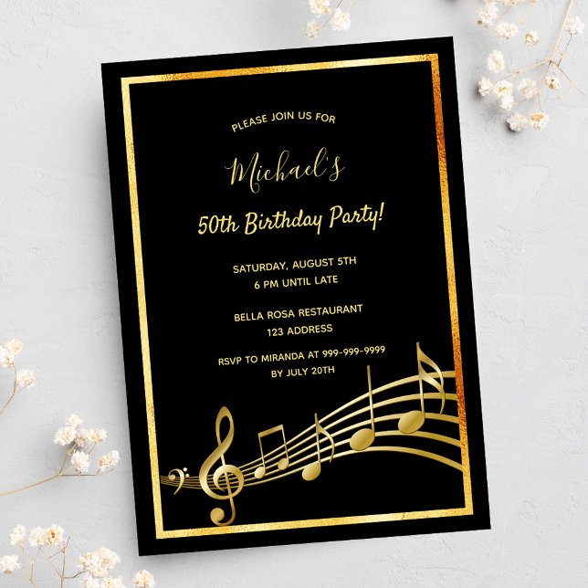 Birthday party black gold music notes invitation (Creator Uploaded)