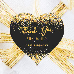 Birthday Party black gold name Thank You Heart Sticker